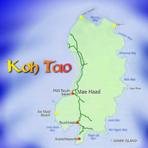 Karte von Koh Tao inkl. Sehenswürdigkeiten und Hotels